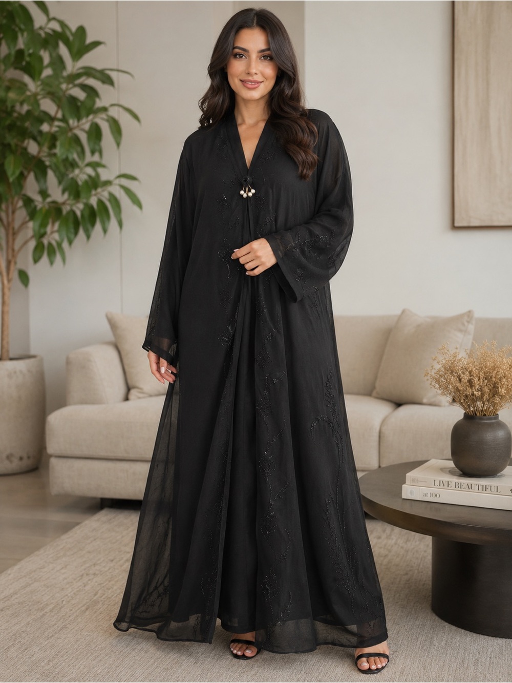 Light organza party’s abaya Elegant Black Embellished Abaya